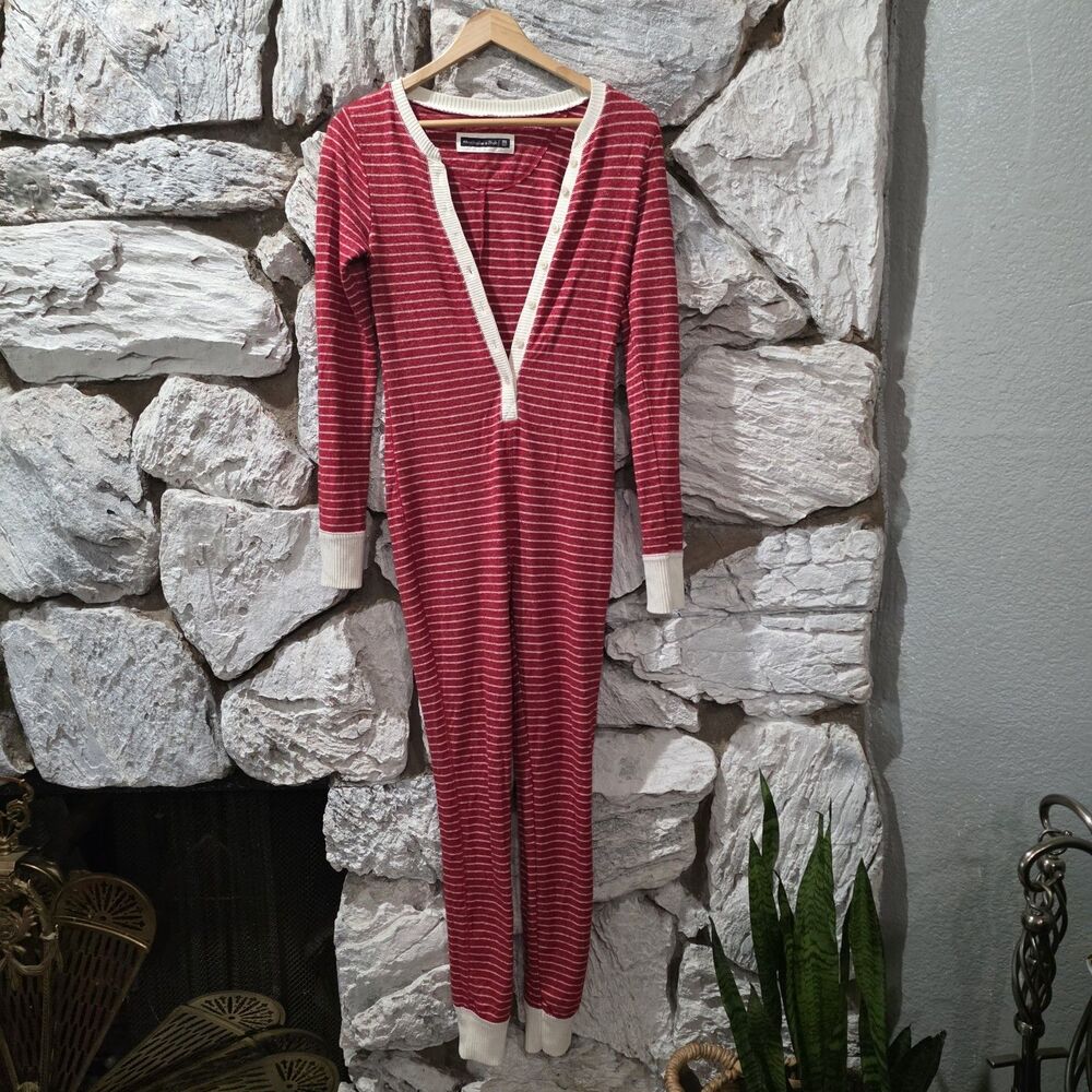 Abercrombie & Fitch Womens Red White Striped One Piece Long Johns Pajama XS